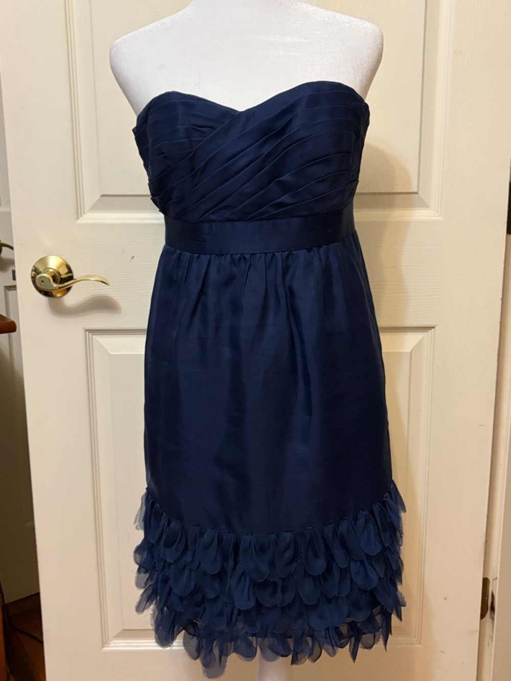 Navy strapless cocktail dress sheer overlay detailed with sheer petals on bottom